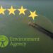 Pollution from a pipe into the ocean. The Environment Agency logo, and four stars, with one falling away water companies