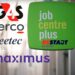 DWP Jobcentre Plus sign, with the Restart Scheme, G4S, Serco, Seetec, and Maximus logos Universal Credit DWP