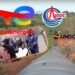 TotalEnergies, CNOOC, and UNOC logos. The EACOP project running through green countryside. Ugandan police arresting an environmental defender.