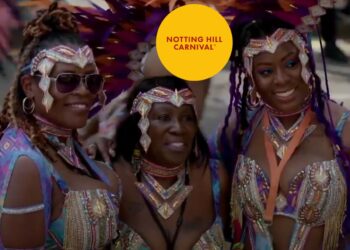 Three Black women at the Notting Hill Carnival, and the event's logo.