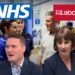 NHS and Labour Party logos. Wes Streeting and Rachel Reeves. Keir Starmer talking to healthcare staff in a hospital setting.