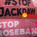 #Stop Jackdaw banner and a Stop Rosebank banner, with Shell and Equinor logos superimposed on top.