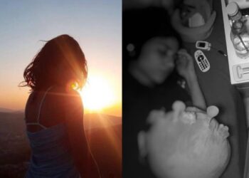 On the left, Katiana before she had severe ME, back towards the sunset. On the right, a greyed out image of Katiana living with severe ME, lying in bed on her side, surrounded by a plush toy, medication, bottles of water, and a pulsometer Greece ME/CFS