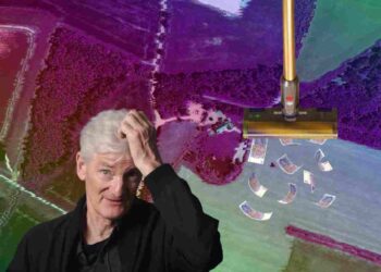 Satellite view of Dyson Farm Limited, James Dyson scratching his head, and a hoover sucking up pound notes inheritance tax Labour