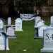 assisted dying a mock graveyard with tombstones carved with figures against assisted dying