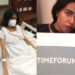 Left: Nevra in a hospital bed wearing a mask. Right: Nevra holding a placard that reads #TimeForUnrest Severe ME/CFS