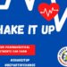 Shake It Up campaign graphic. ECG line across the top in white, with a red heart and ECG line overlaid. In a red box it reads: "Non-pharmaceutical treatments can harm" and white text on blue background reads: "#SHAKEITUP #BEPARTOFCHANGE. ME Foggy Dog logo in the corner ME/CFS