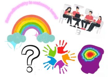 Image with pink bubble text reading: 'Neurodiversity is welcome here?' A rainbow with two clouds, followed by a question mark below, women sat round a desk, five handprints in different colours in a circle facing outwards, and a purple silhouette of a boy with his brain depicted in concentric rainbow colours. autism