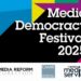 Media Democracy Festival 2025 logo, Media Reform Coalition logo, CAMRI University of Westminster logo, and Impress Media Services logo, with colourful block-art behind.