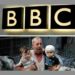 The BBC logo and a family in the rubble of Gaza