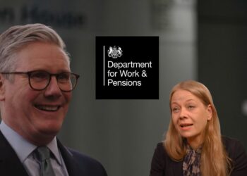 Keir Starmer laughing. Green Party MP Sian Berry looking incredulous. DWP logo, with Caxton House blurred out in the background.