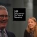 Keir Starmer laughing. Green Party MP Sian Berry looking incredulous. DWP logo, with Caxton House blurred out in the background.