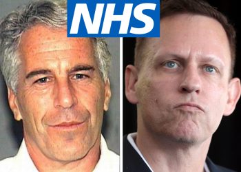 Jeffry Epstein, Peter Thiel, and the NHS logo Palantir