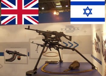 A machine gun, the Union Jack, and the Israel flag DSEI