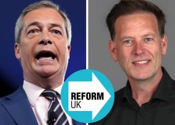 Nigel Farage, Andrew Husband, and the Reform UK Logo