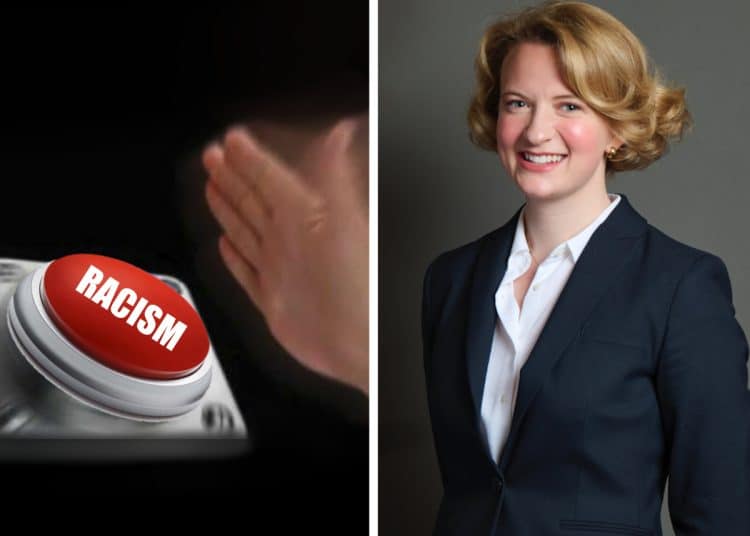 Tory MP Katie Lam and a hand smashing a red button with the word 'racism' on it