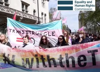 Trans rights protesters and the EHRC logo