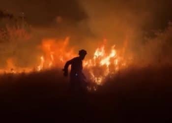 Silhouette of a firefighter standing amid a blazing wildfire climate crisis