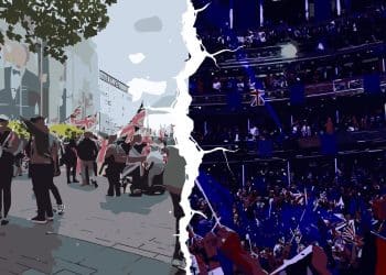 Right-wing protesters at Unite the Kingdom in London with numerous Union Jack flags on the streets of London to the left, a sea of EU flags at Last Night at the Proms on the right with a white crack down the middle.