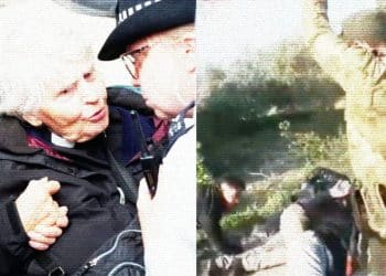 Left: police arresting an older protester at a Defend Your Juries demo. Right: footage of ISIS-linked HTS terrorist group that the UK government has been working with.