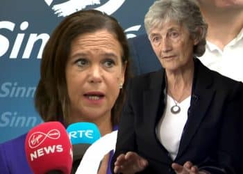 Sinn Fein's Mary McDonald speaks at a podium. Catherine Connolly.