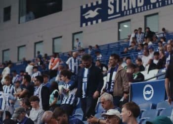Samaritans and Bright & Hove Albion video. Football fans in the stands, with two men walking to their seats.