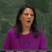 UN president Annalena Baerbock speaking at the podium on Gaza