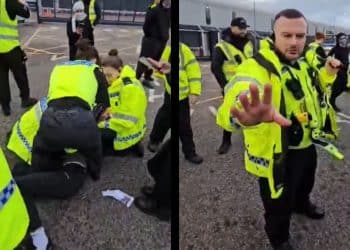 Security and Northumbria Police piling onto a pro-Palestine protester outside Pearson Engineering in Newcastle. Police officer has taken out his baton to warn away person filming the assault.