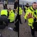 Security and Northumbria Police piling onto a pro-Palestine protester outside Pearson Engineering in Newcastle. Police officer has taken out his baton to warn away person filming the assault.