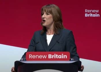 Chancellor Rachel Reeves stands at the 'Renew Britain' podium at Labour's conference, delivering her speech youth guarantee