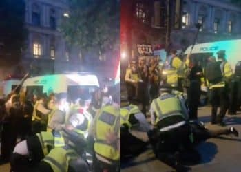 BREAKING: cops turn violent as flotilla solidarity protest engulfs Downing Street