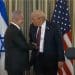 Trump and Netanyahu shake hands after a joint announcement, with the Israeli and US flags behind them Gaza plan