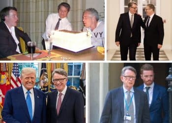 Images of Peter Mandelson with Donald Trump, Keir Starmer, Jeffrey Epstein, and Morgan McSweeney
