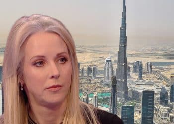 Isabel Oakeshott and an image of Dubai