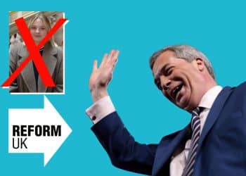 Nigel Farage waving, the Reform logo, and ex-Reform councillor Izzy Kemp with a cross over her