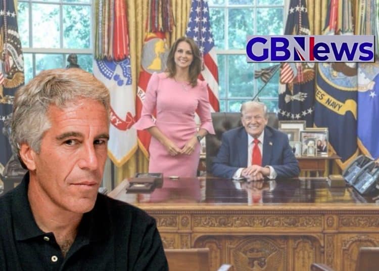 Trump, a GB News reporter, the GB News logo, and Jeffrey Epstein