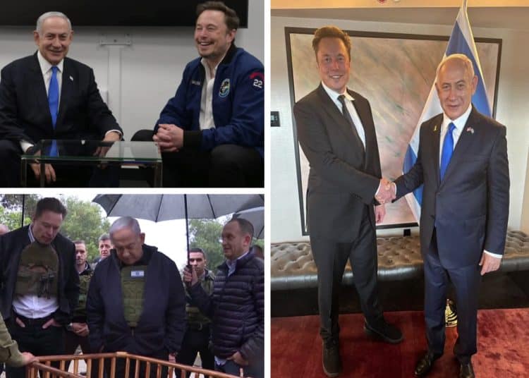Various images of Elon Musk and Benjamin Netanyahu