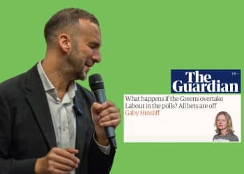 Zack Polanski looking down at a Guardian header